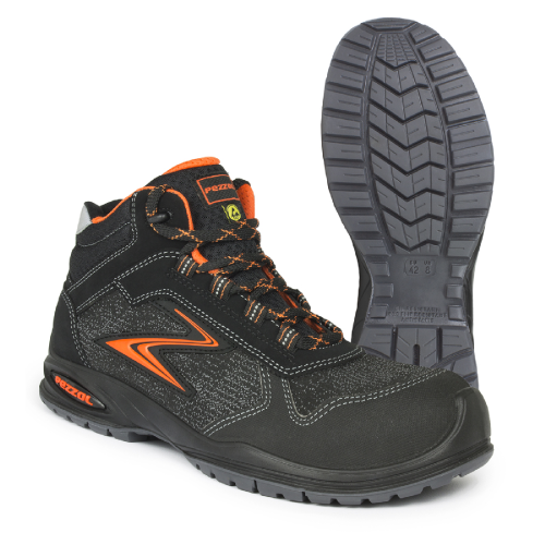 Chaussures de travail d'hiver haute sécurité Pezzol Quattro S3 en PU Tek noir et orange sans métal hydrofuges fabriquées en Italie