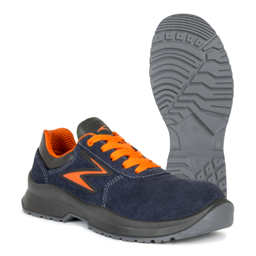 Zapatos de trabajo bajos de seguridad Pezzol Silver S1P SRC en ante transpirable azul/naranja hechos en Italia