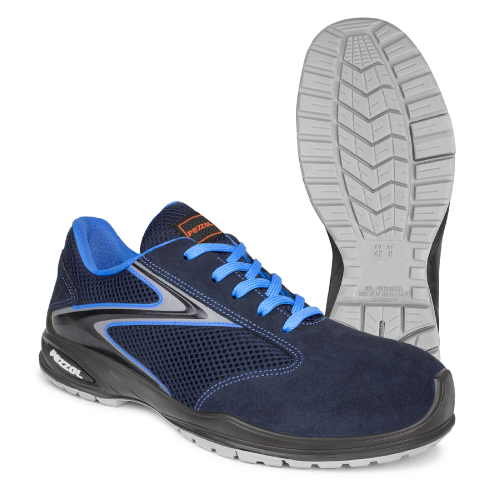 Zapatos de trabajo de verano de seguridad Pezzol Yoto S1P SRC bajos sin metal en ante azul oscuro hechos en Italia
