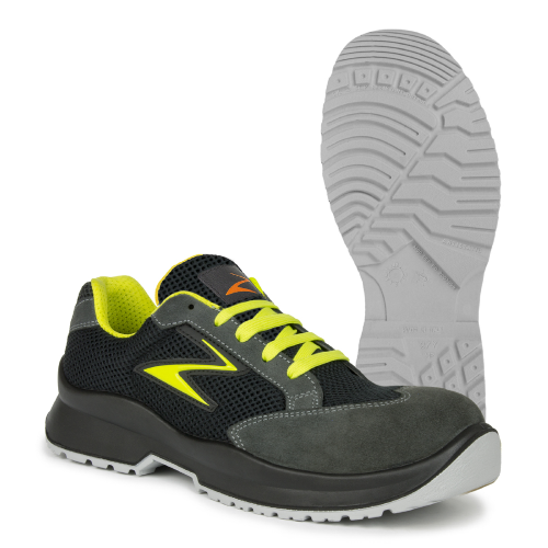 Pezzol Amon S1P SRC low safety work shoes in suede leather and black/yellow breathable mesh fabric made in Italy