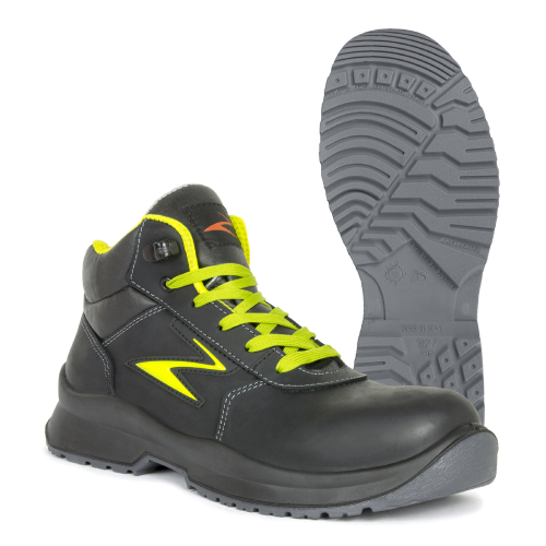 Pezzol Jackson S3 high safety winter work shoes in black/fluorescent yellow metal free leather made in Italy
