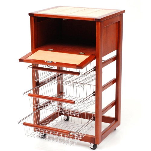 cherry wood kitchen bread trolley with 3 steel baskets drawer