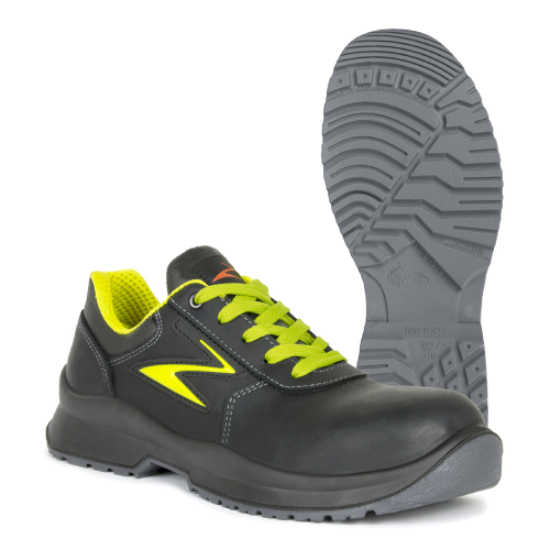 Pezzol Shelby S3 low safety winter work shoes in black/fluorescent yellow water-repellent leather metal free made in Italy
