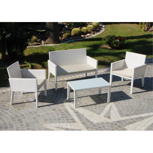 Air lounge set 1 canapÃ© 2 fauteuils et table basse polyrattan fer blanc
