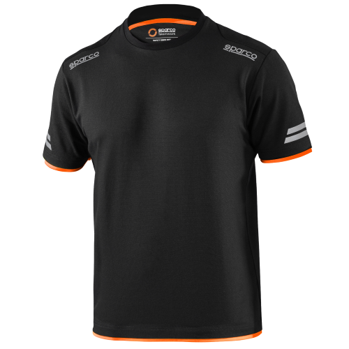 Camiseta Sparco Tech Tucson de algodón y poliéster color Negro/Naranja Fluo talla XS con bandas reflectantes de alta visibilidad con efecto piqué