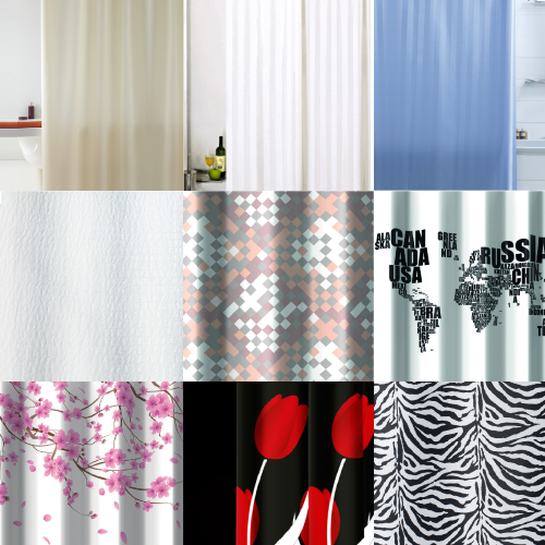 2-sided fabric shower curtain for applications on shower trays using special rods supplied without hooks