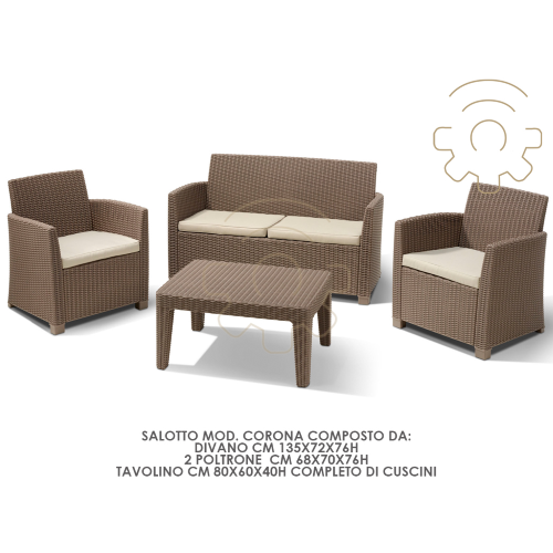 Ensemble de salon de jardin Corona en rÃ©sine cappuccino avec coussins avec canapÃ© 2 fauteuils et table basse