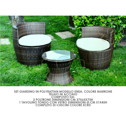 Gartenlounge aus Poly Rattan Enea mit Kissen mit 2 Tischsesseln
