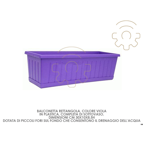 Balkonkassette, rechteckige violette Kunststoffvase mit Untertasse, cm30 x 10 x 8,5 h, Blumen im Freien, Pflanzen, Balkon, Garten
