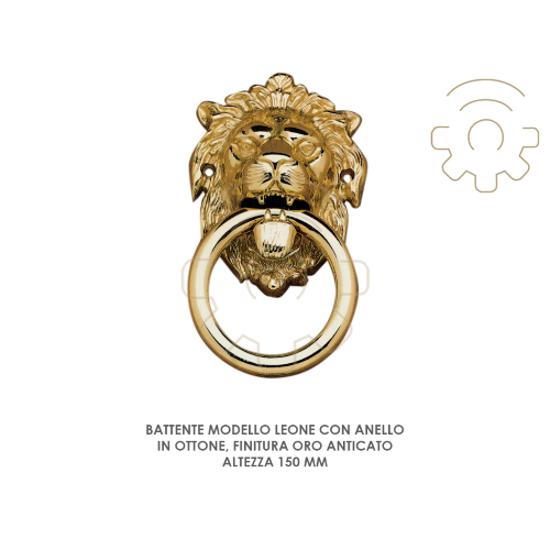 Battente per porta Leone con anello ottone finitura oro anticato h 150 mm