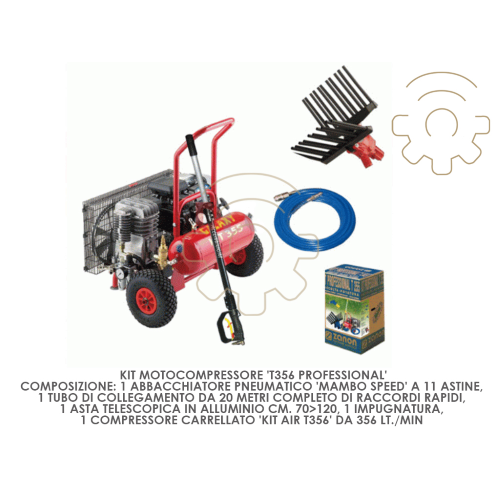 'T356 professional' motor compressor kit consisting of a telescopic rod hose harvester and a wheeled compressor handle