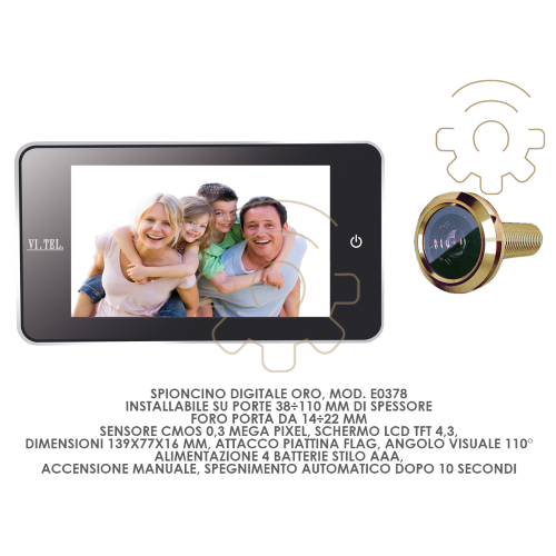Digitales Guckloch E0378 Gold LCD-Bildschirm tft 4,3 &quot;Flachanschluss cm 139 x 77 x 16 Winkel 110? 4 AAA-Batterien