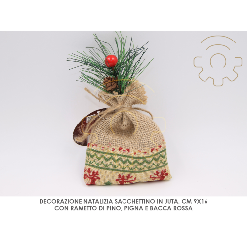 Decorazione natalizia per albero di Natale 9x16 cm sacchettino in juta con rametto pino addobbo addobbi decori