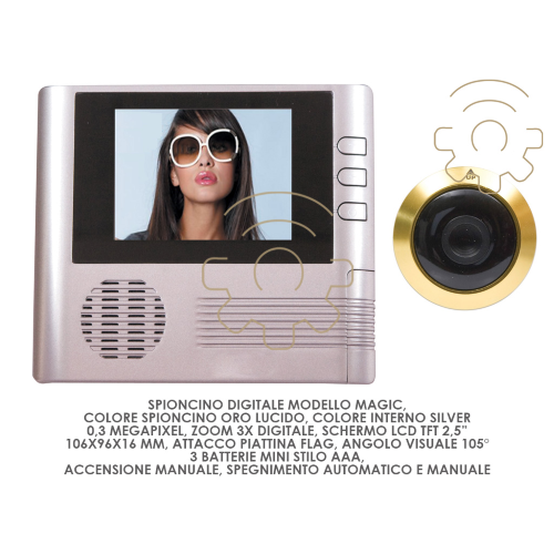 Spioncino digitale Magic silver occhio oro con piattina 106x96x16 mm 0,3 mega pixel 105°  3 batterie stilo AAA