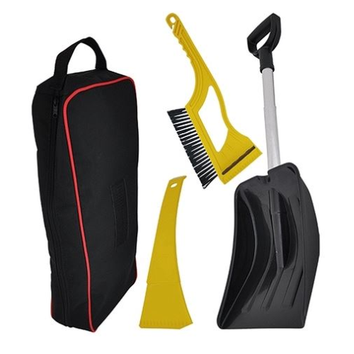 3-piece car kit for snow and ice emergency with brush scraper bag and folding shovel
