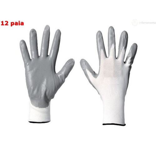 12 pairs of work gloves size 9 in white nylon coated with gray nitrile on palm and fingers