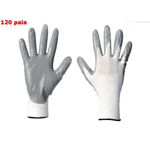120 pairs of work gloves size 10 XL in white nylon coated with gray nitrile on palm and fingers