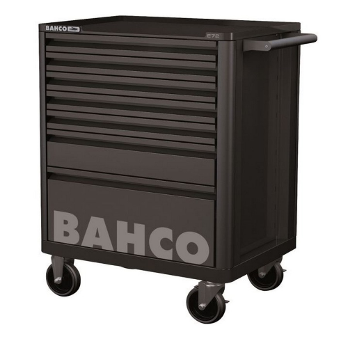 Bahco 1472K7 black workshop workbench mobile chest of drawers tool trolley with wheels 7 drawers and keys with anti-slip shelf for professional mechanics