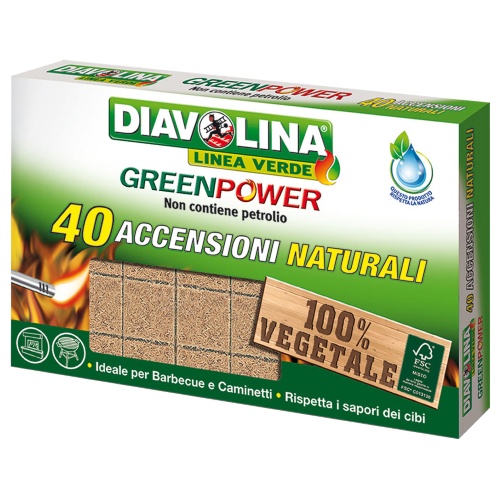 Diavolina accendifuoco Green Power 100% vegetale 40 cubetti accendigriglie barbecue camini stufe