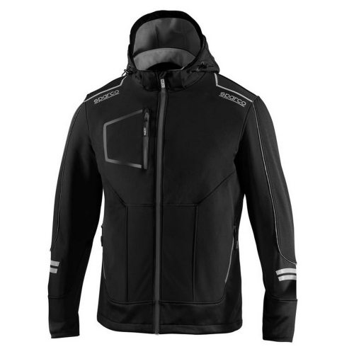 Chaqueta de trabajo de invierno Sparco York Tech Soft-Shell color negro/gris oscuro talla S con capucha extraíble inserciones reforzadas y franjas reflectantes
