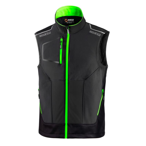 Chaleco técnico Sparco Tech Light Vest Illinois Gris Oscuro/Verde Fluorescente Talla XS con inserciones de refuerzo y bandas de alta visibilidad cremallera central impermeable